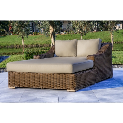 Milo 79" Outdoor XL Double Sun Lounger in Brown PE Wicker & Beige Sunbrella Fabric